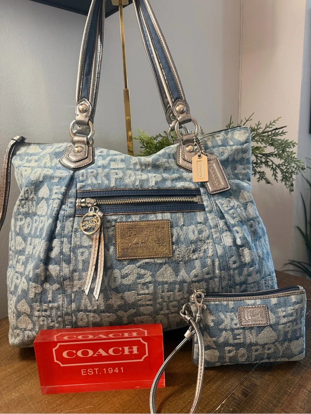Coach Glam Denim Poppy Tote & Wristlet